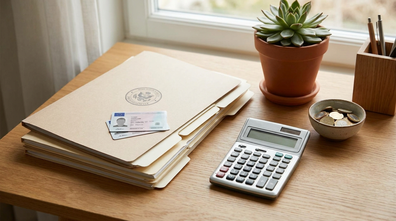 A stack of paperwork, identity documents, a calculator, and a small dish of euro coins on a home desk