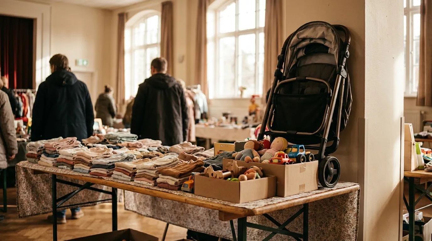 A table at a children's flea market with neatly folded secondhand baby clothes, small toys, and a folded stroller