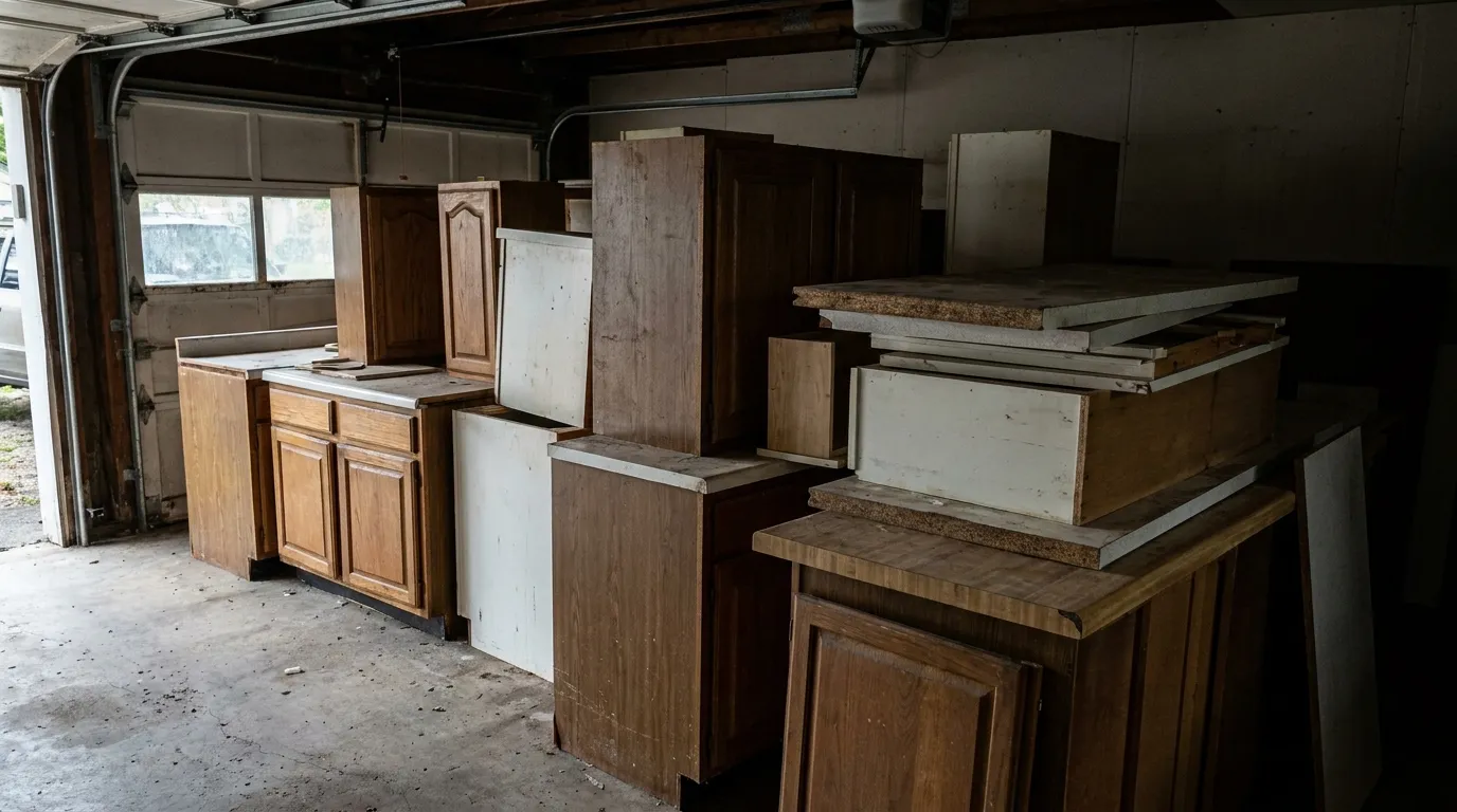 A stack of secondhand kitchen cabinet units and countertop pieces in a storage or garage setting, no brand markings visible