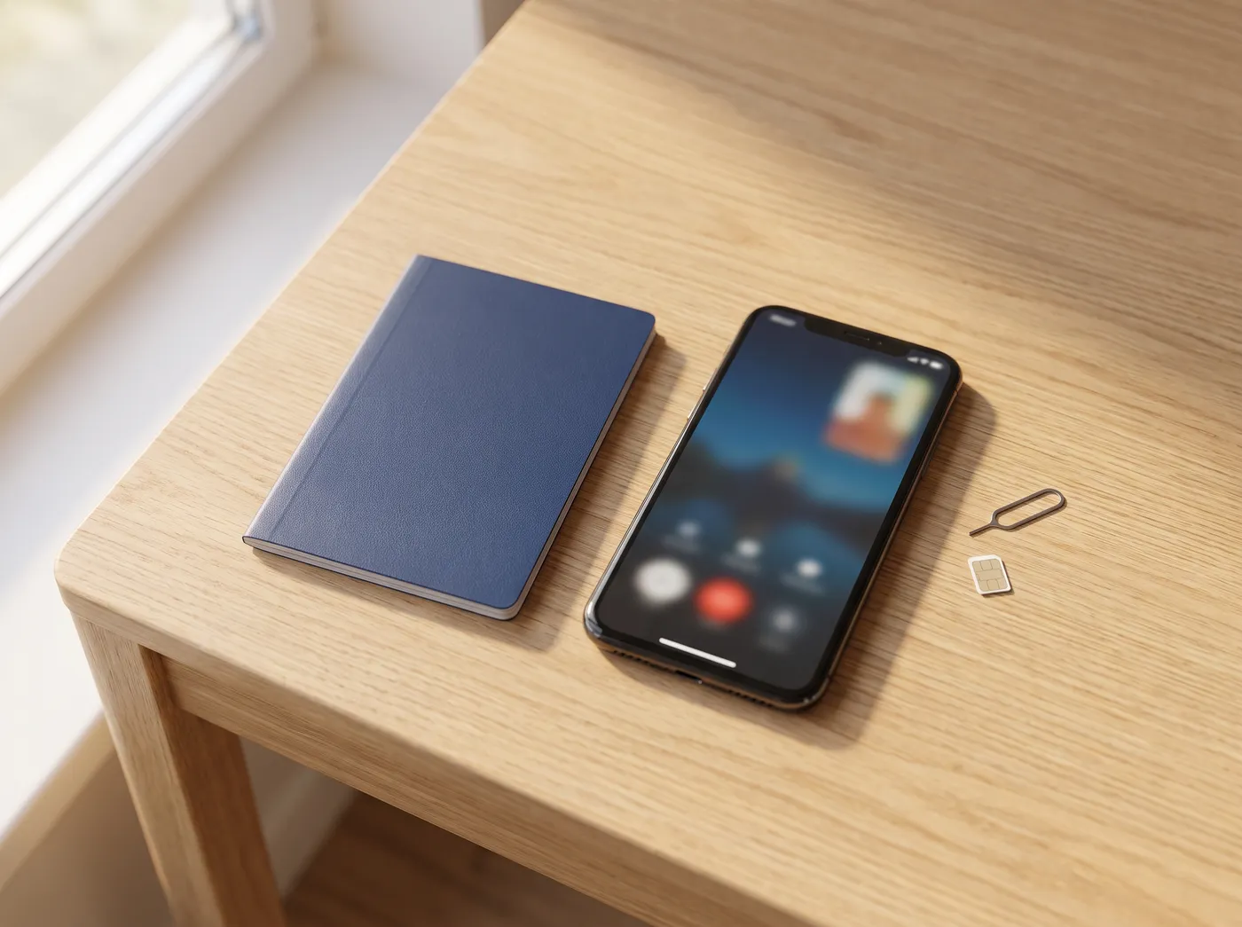 A closed passport lying beside a smartphone and a small SIM card on a desk