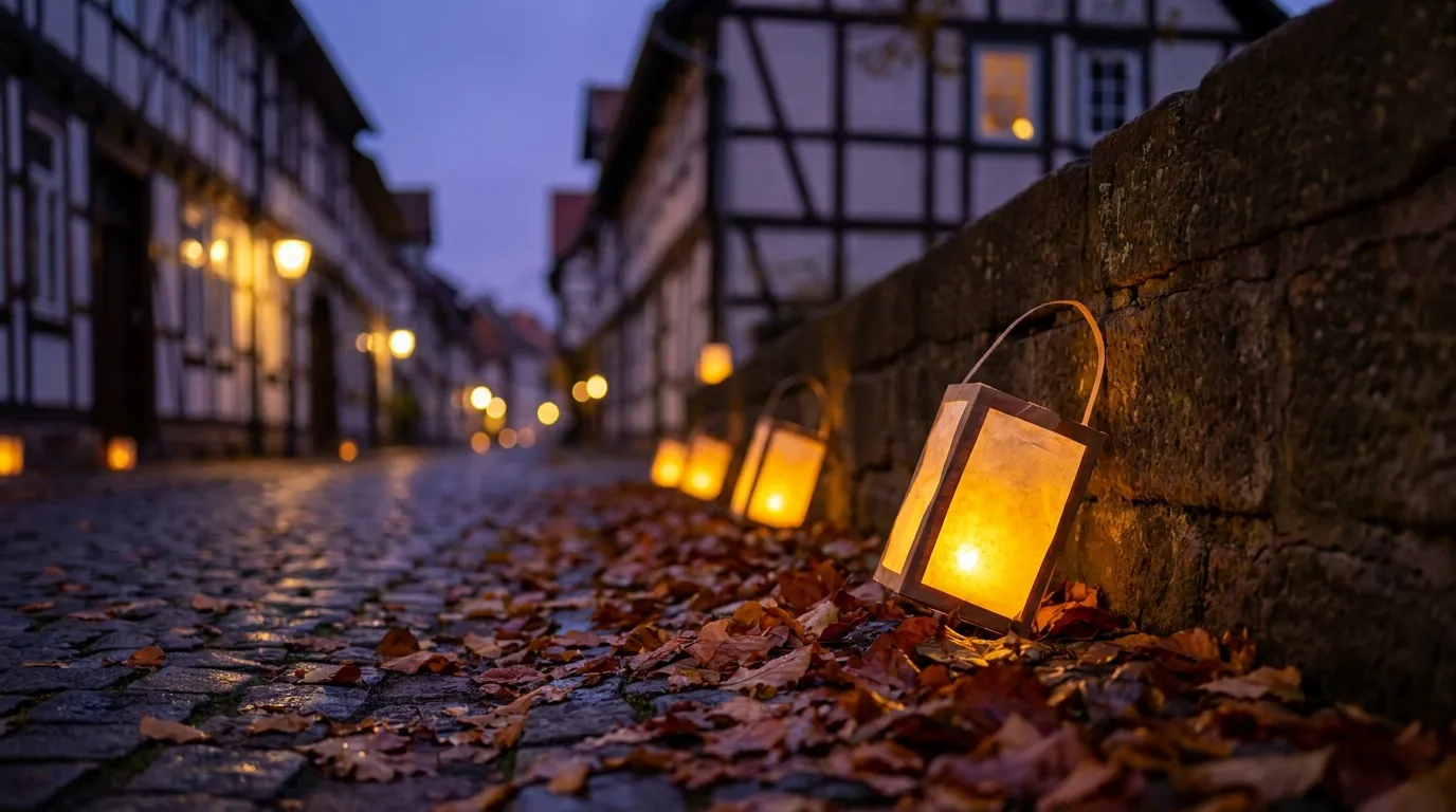 Glowing paper lanterns propped on damp cobblestones at dusk on a residential street, warm light against a deep blue autumn sky
