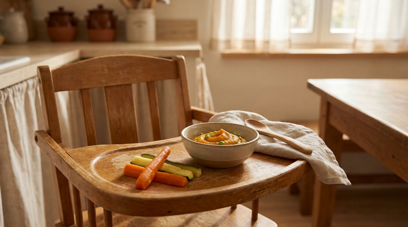A baby high chair tray with a small bowl of pureed vegetables and soft steamed vegetable finger-food sticks