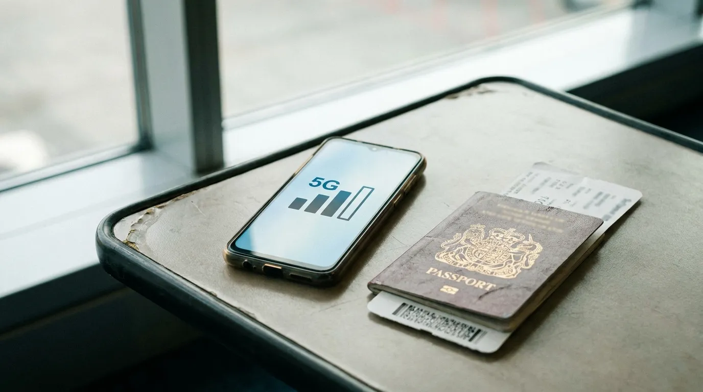 A smartphone showing a mobile data connection icon next to a passport and boarding pass on an airport tray table