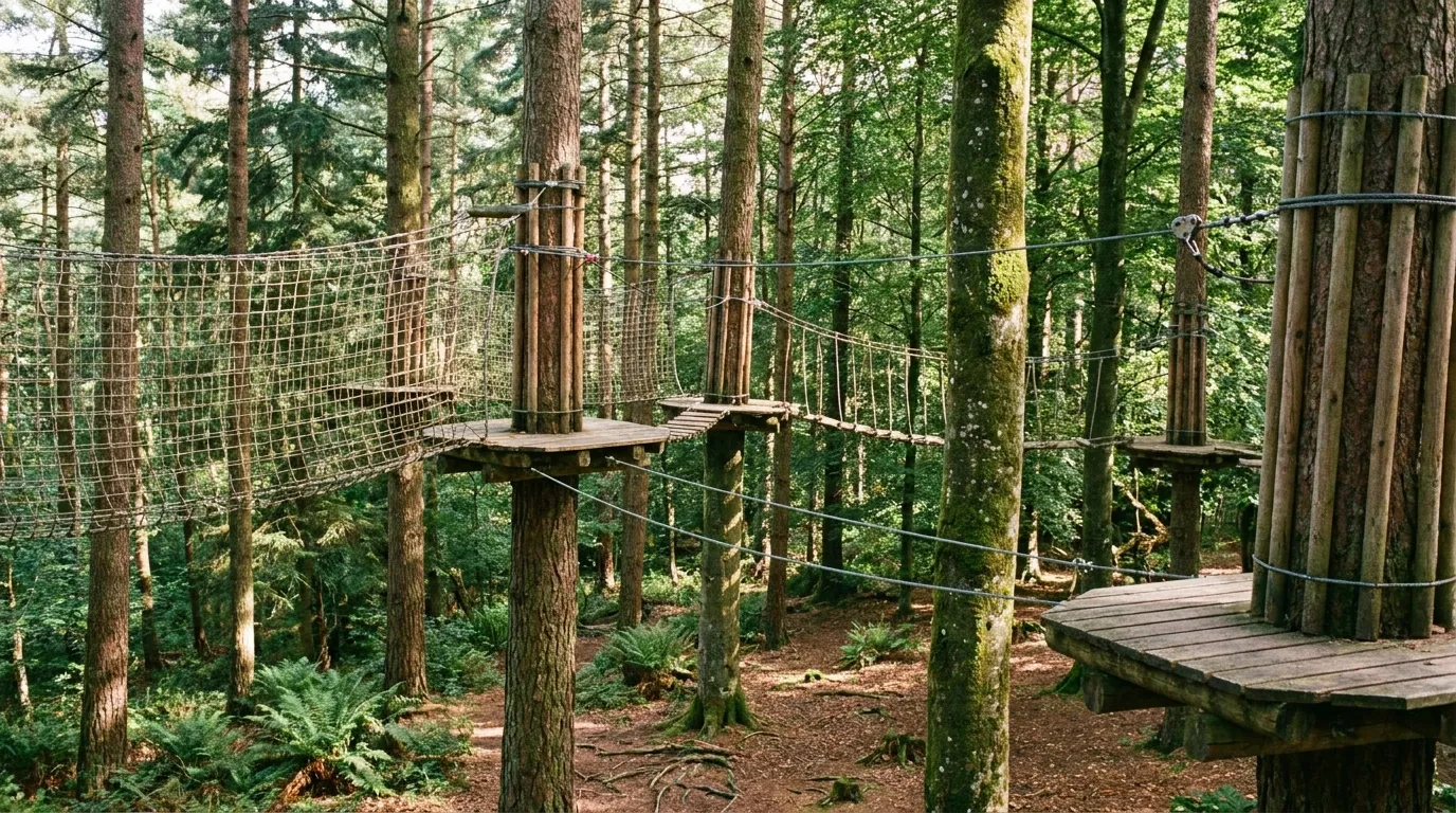 A forest treetop rope adventure course with wooden platforms built around tall pine and beech trees, steel safety cables, wire netting, and a rope bridge between platforms, no people visible