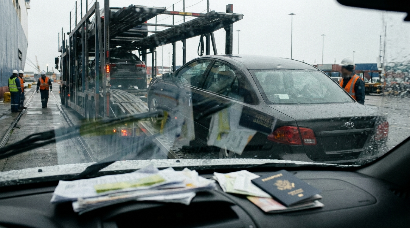 A car being loaded onto a transport truck with shipping documents and a passport visible on the dashboard