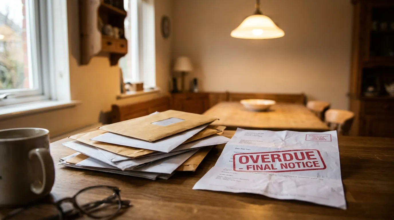 A stack of unopened reminder letters and a red-stamped overdue notice on a kitchen table