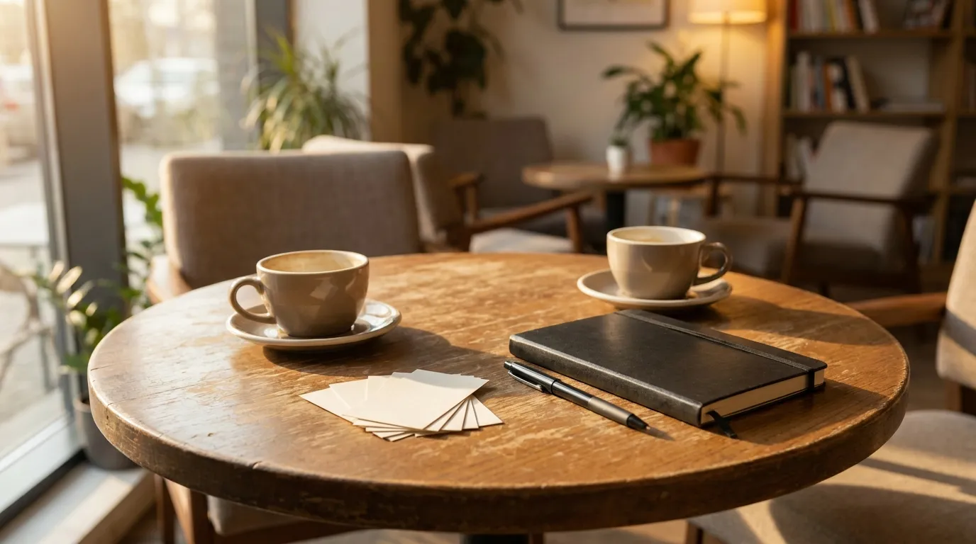 An empty round wooden cafe table set for a business meetup, with two coffee cups, a small fan of blank business cards, and a closed notebook and pen, warm afternoon light through a window