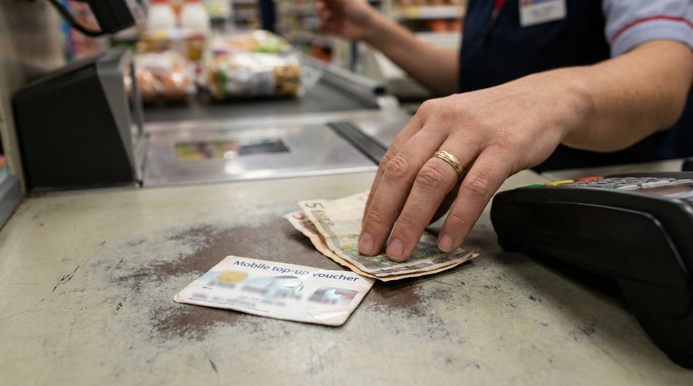 A prepaid SIM top-up voucher card and cash on a supermarket checkout counter