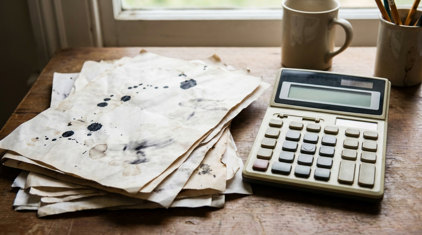 A stack of childcare invoices and a bank statement next to a calculator on a home desk