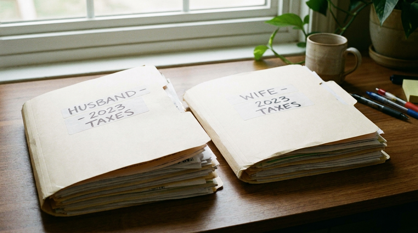 Two tax return folders labeled for a married couple resting side by side on a desk